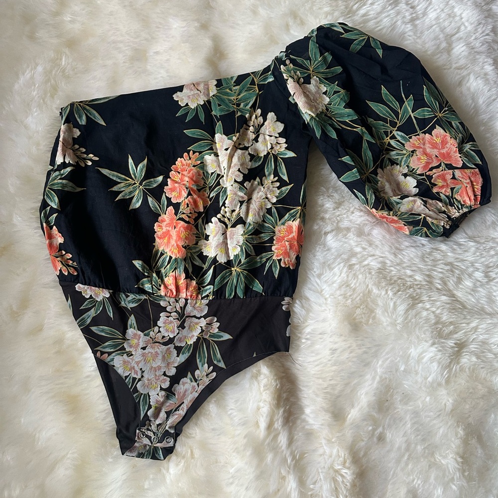 Zara Black Floral One-Shoulder Bodysuit